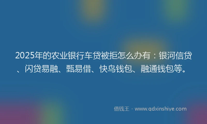 2025年的农业银行车贷被拒怎么办有:银河信贷、闪贷易融、甄易借、快鸟钱包、融通钱包等。