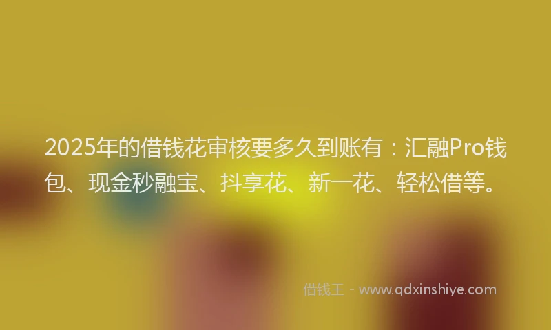 2025年的借钱花审核要多久到账有：汇融Pro钱包、现金秒融宝、抖享花、新一花、轻松借等。