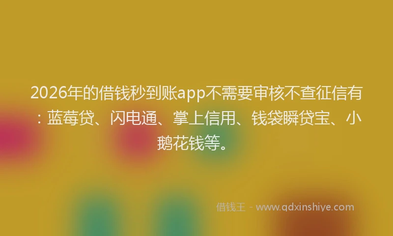2026年的借钱秒到账app不需要审核不查征信有：蓝莓贷、闪电通、掌上信用、钱袋瞬贷宝、小鹅花钱等。