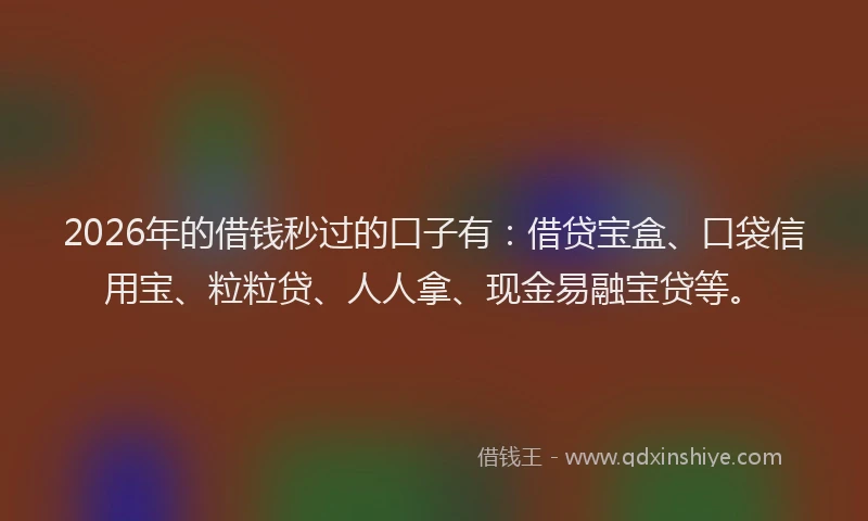 2026年的借钱秒过的口子有：借贷宝盒、口袋信用宝、粒粒贷、人人拿、现金易融宝贷等。