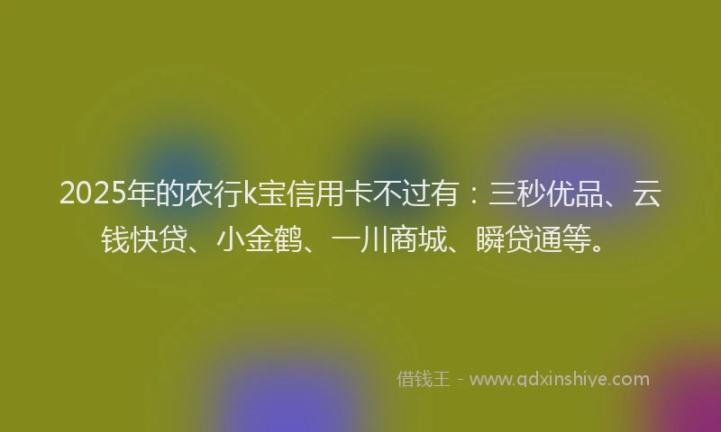 2025年的农行k宝信用卡不过有：三秒优品、云钱快贷、小金鹤、一川商城、瞬贷通等。