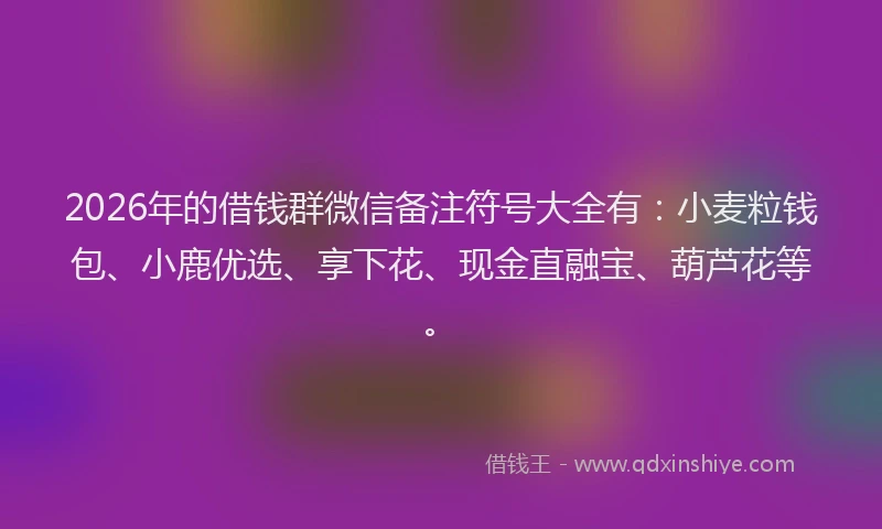 2026年的借钱群微信备注符号大全有：小麦粒钱包、小鹿优选、享下花、现金直融宝、葫芦花等。