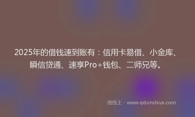 2025年的借钱速到账有:信用卡易借、小金库、瞬信贷通、速享Pro+钱包、二师兄等。