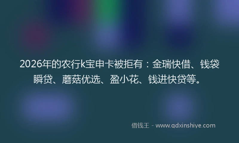 2026年的农行k宝申卡被拒有：金瑞快借、钱袋瞬贷、蘑菇优选、盈小花、钱进快贷等。