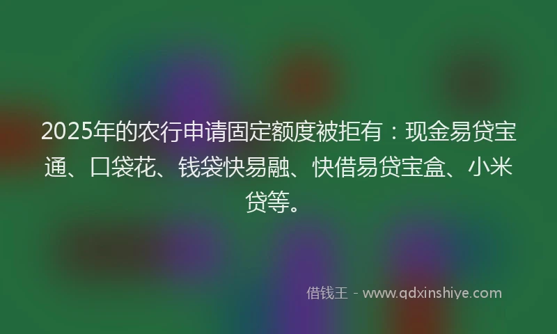 2025年的农行申请固定额度被拒有：现金易贷宝通、口袋花、钱袋快易融、快借易贷宝盒、小米贷等。