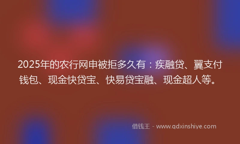 2025年的农行网申被拒多久有:疾融贷、翼支付钱包、现金快贷宝、快易贷宝融、现金超人等。