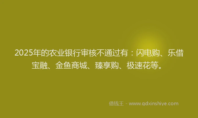 2025年的农业银行审核不通过有:闪电购、乐借宝融、金鱼商城、臻享购、极速花等。