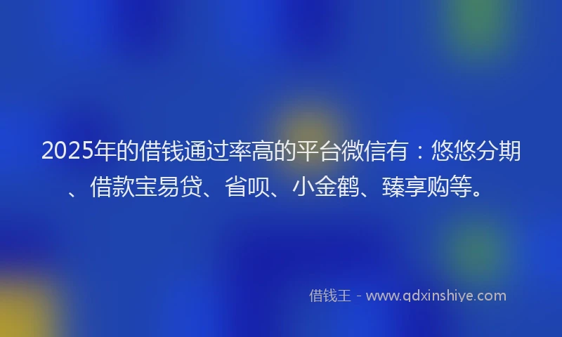 2025年的借钱通过率高的平台微信有：悠悠分期、借款宝易贷、省呗、小金鹤、臻享购等。