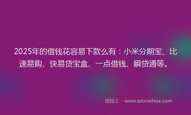 2025年的借钱花容易下款么有：小米分期宝、比速易购、快易贷宝盒、一点借钱、瞬贷通等。