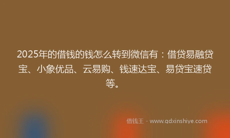 2025年的借钱的钱怎么转到微信有:借贷易融贷宝、小象优品、云易购、钱速达宝、易贷宝速贷等。