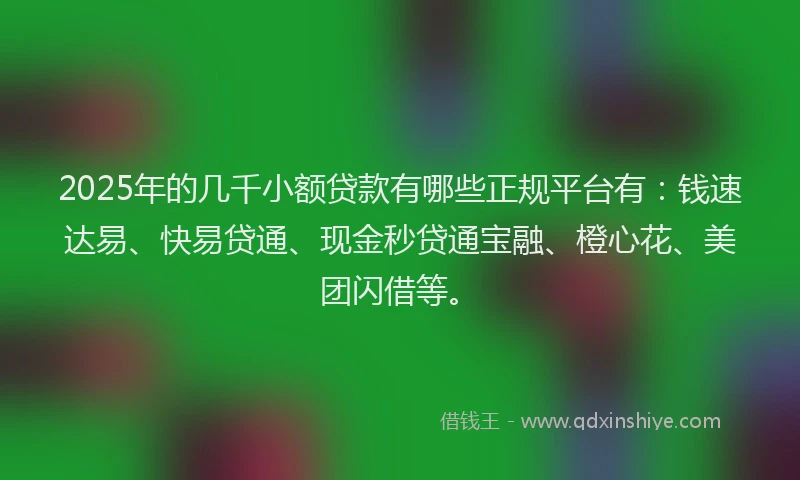 2025年的几千小额贷款有哪些正规平台有：钱速达易、快易贷通、现金秒贷通宝融、橙心花、美团闪借等。