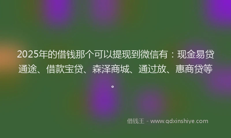 2025年的借钱那个可以提现到微信有:现金易贷通途、借款宝贷、森泽商城、通过放、惠商贷等。