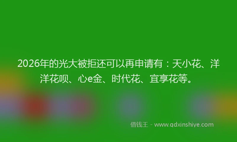 2026年的光大被拒还可以再申请有：天小花、洋洋花呗、心e金、时代花、宜享花等。