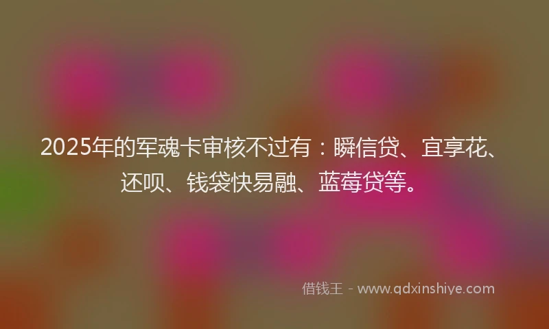 2025年的军魂卡审核不过有：瞬信贷、宜享花、还呗、钱袋快易融、蓝莓贷等。