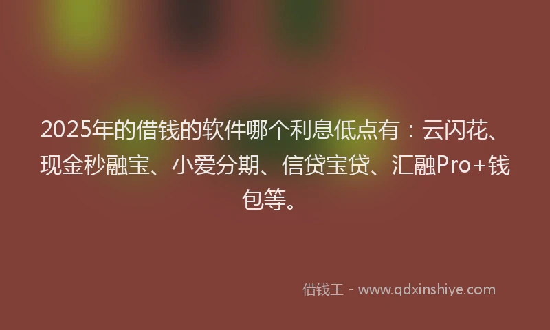 2025年的借钱的软件哪个利息低点有:云闪花、现金秒融宝、小爱分期、信贷宝贷、汇融Pro+钱包等。