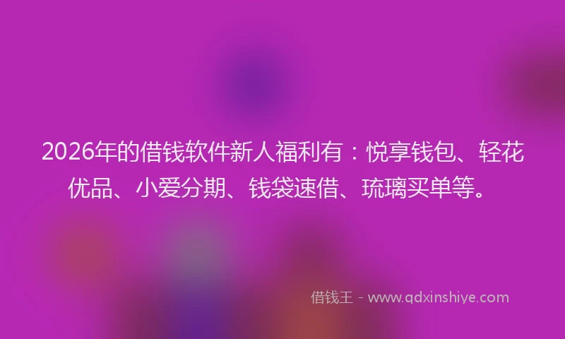 2026年的借钱软件新人福利有：悦享钱包、轻花优品、小爱分期、钱袋速借、琉璃买单等。