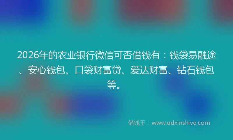 2026年的农业银行微信可否借钱有:钱袋易融途、安心钱包、口袋财富贷、爱达财富、钻石钱包等。