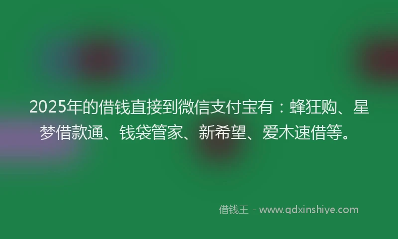 2025年的借钱直接到微信支付宝有：蜂狂购、星梦借款通、钱袋管家、新希望、爱木速借等。