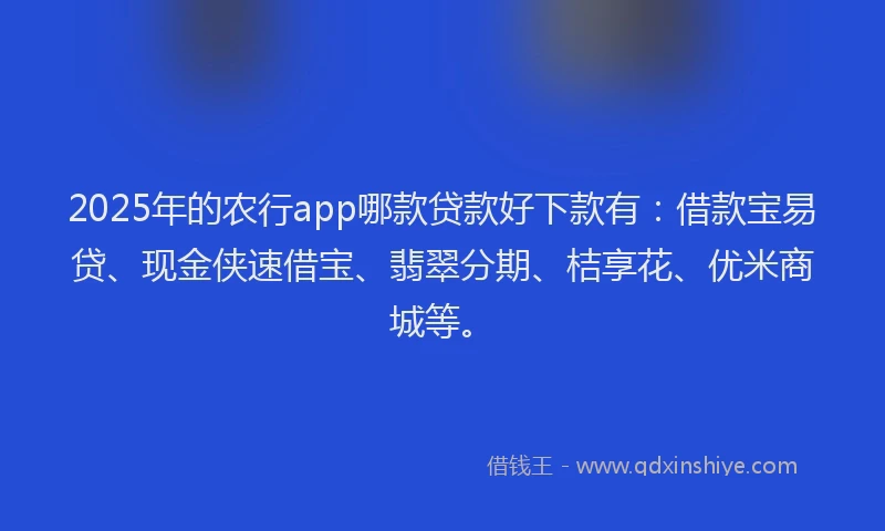 2025年的农行app哪款贷款好下款有:借款宝易贷、现金侠速借宝、翡翠分期、桔享花、优米商城等。