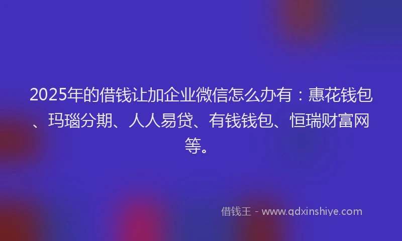 2025年的借钱让加企业微信怎么办有：惠花钱包、玛瑙分期、人人易贷、有钱钱包、恒瑞财富网等。