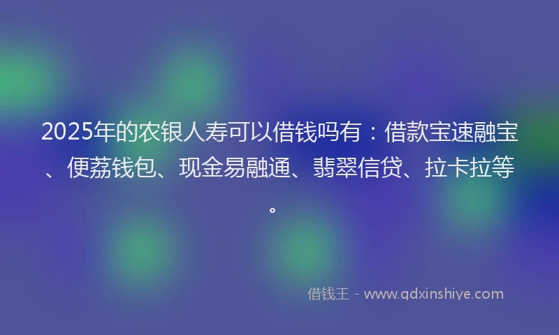 2025年的农银人寿可以借钱吗有:借款宝速融宝、便荔钱包、现金易融通、翡翠信贷、拉卡拉等。