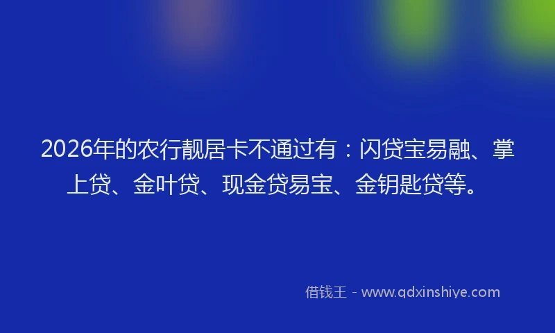 2026年的农行靓居卡不通过有：闪贷宝易融、掌上贷、金叶贷、现金贷易宝、金钥匙贷等。