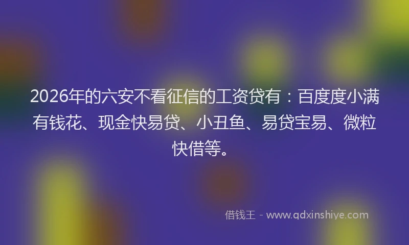 2026年的六安不看征信的工资贷有：百度度小满有钱花、现金快易贷、小丑鱼、易贷宝易、微粒快借等。