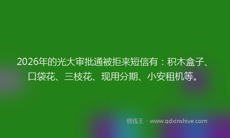 2026年的光大审批通被拒来短信有：积木盒子、口袋花、三枝花、现用分期、小安租机等。