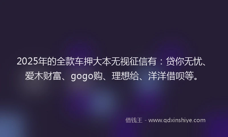 2025年的全款车押大本无视征信有：贷你无忧、爱木财富、gogo购、理想给、洋洋借呗等。