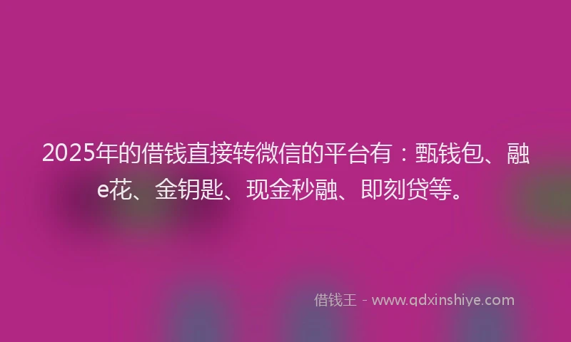 2025年的借钱直接转微信的平台有:甄钱包、融e花、金钥匙、现金秒融、即刻贷等。