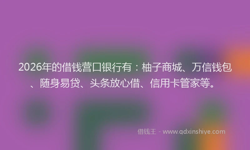 2026年的借钱营口银行有：柚子商城、万信钱包、随身易贷、头条放心借、信用卡管家等。
