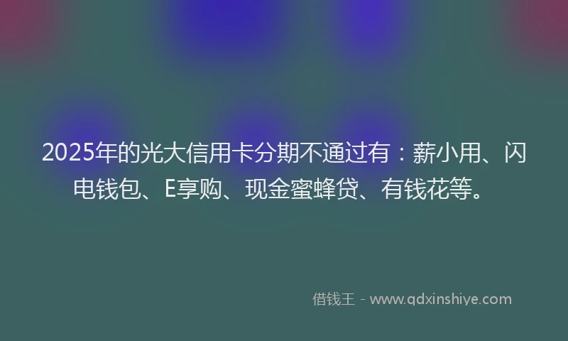 2025年的光大信用卡分期不通过有：薪小用、闪电钱包、E享购、现金蜜蜂贷、有钱花等。