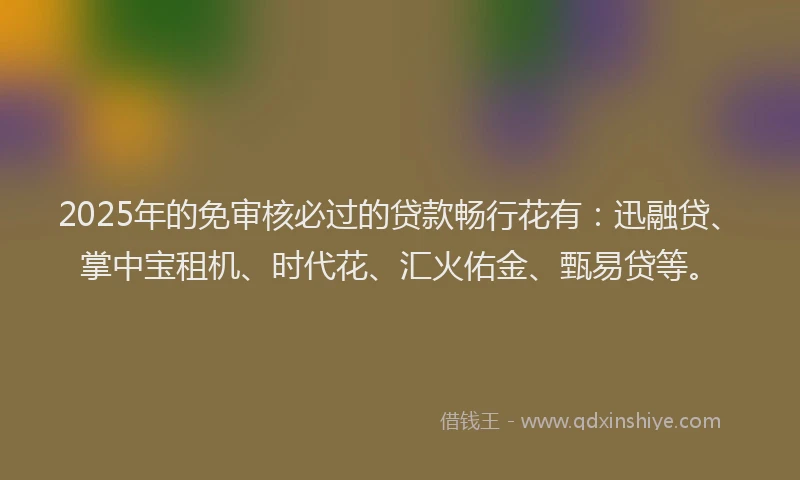 2025年的免审核必过的贷款畅行花有:迅融贷、掌中宝租机、时代花、汇火佑金、甄易贷等。