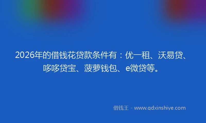 2026年的借钱花贷款条件有:优一租、沃易贷、哆哆贷宝、菠萝钱包、e微贷等。