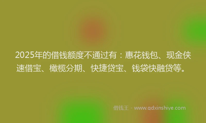 2025年的借钱额度不通过有:惠花钱包、现金侠速借宝、橄榄分期、快捷贷宝、钱袋快融贷等。