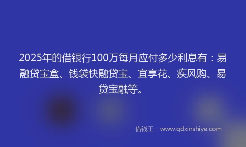 2025年的借银行100万每月应付多少利息有：易融贷宝盒、钱袋快融贷宝、宜享花、疾风购、易贷宝融等。