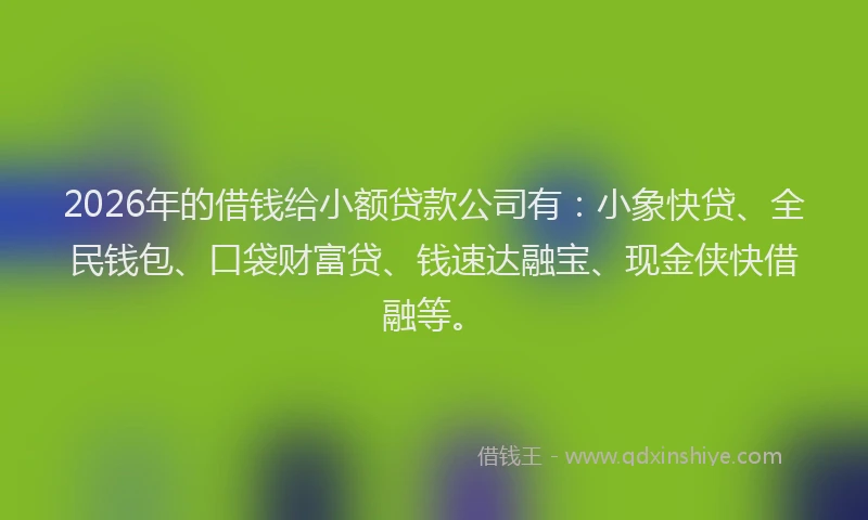 2026年的借钱给小额贷款公司有:小象快贷、全民钱包、口袋财富贷、钱速达融宝、现金侠快借融等。
