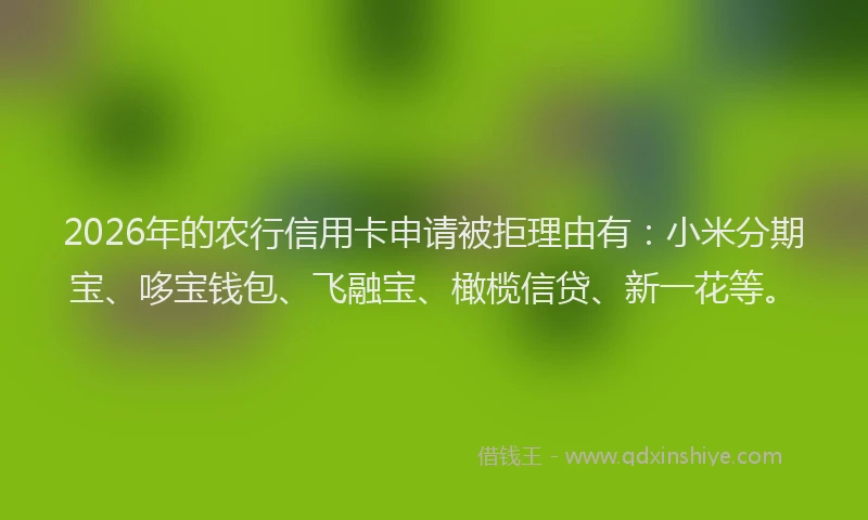2026年的农行信用卡申请被拒理由有:小米分期宝、哆宝钱包、飞融宝、橄榄信贷、新一花等。