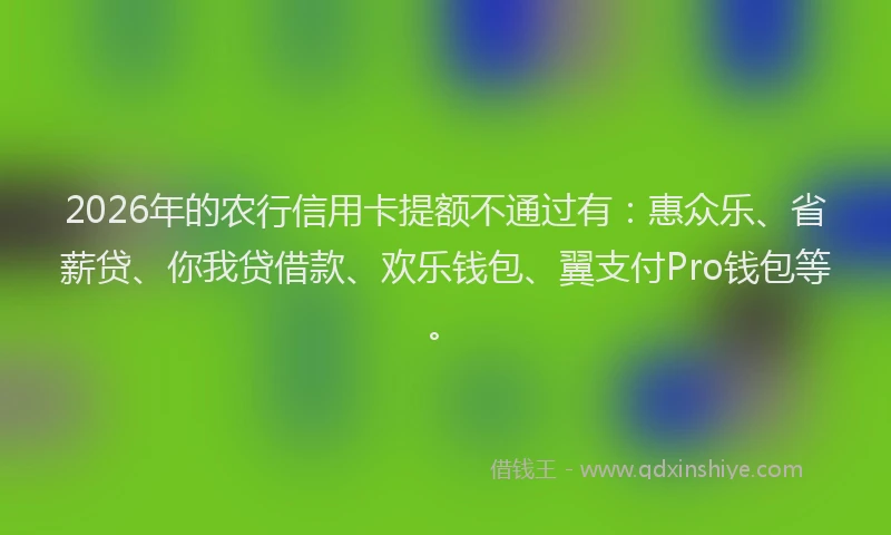 2026年的农行信用卡提额不通过有:惠众乐、省薪贷、你我贷借款、欢乐钱包、翼支付Pro钱包等。