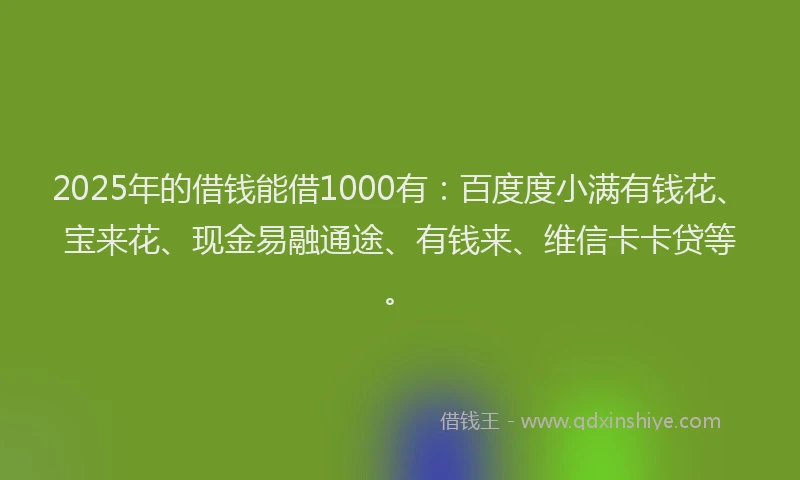 2025年的借钱能借1000有：百度度小满有钱花、宝来花、现金易融通途、有钱来、维信卡卡贷等。