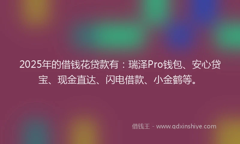 2025年的借钱花贷款有:瑞泽Pro钱包、安心贷宝、现金直达、闪电借款、小金鹤等。