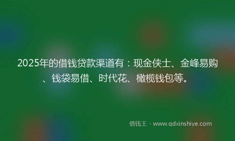 2025年的借钱贷款渠道有:现金侠士、金峰易购、钱袋易借、时代花、橄榄钱包等。