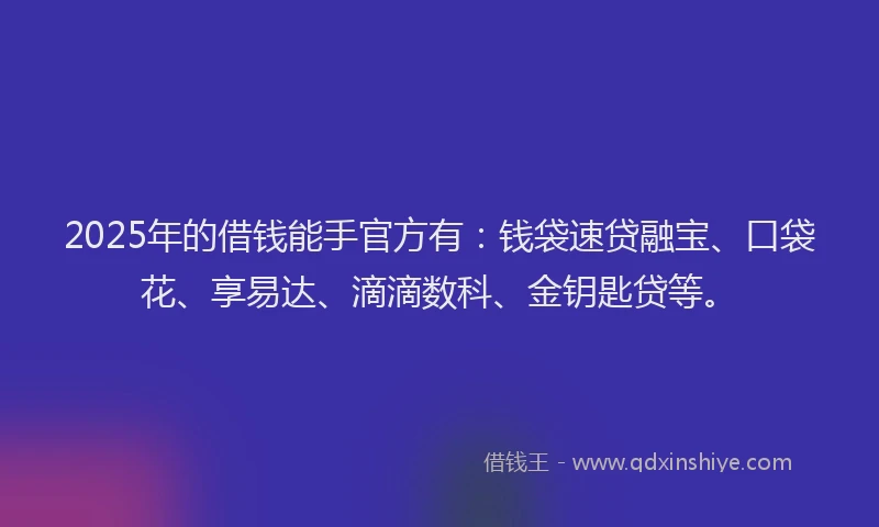 2025年的借钱能手官方有:钱袋速贷融宝、口袋花、享易达、滴滴数科、金钥匙贷等。