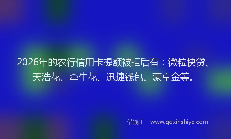 2026年的农行信用卡提额被拒后有：微粒快贷、天浩花、牵牛花、迅捷钱包、蒙享金等。
