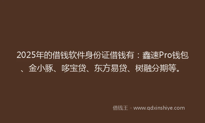 2025年的借钱软件身份证借钱有：鑫速Pro钱包、金小豚、哆宝贷、东方易贷、树融分期等。