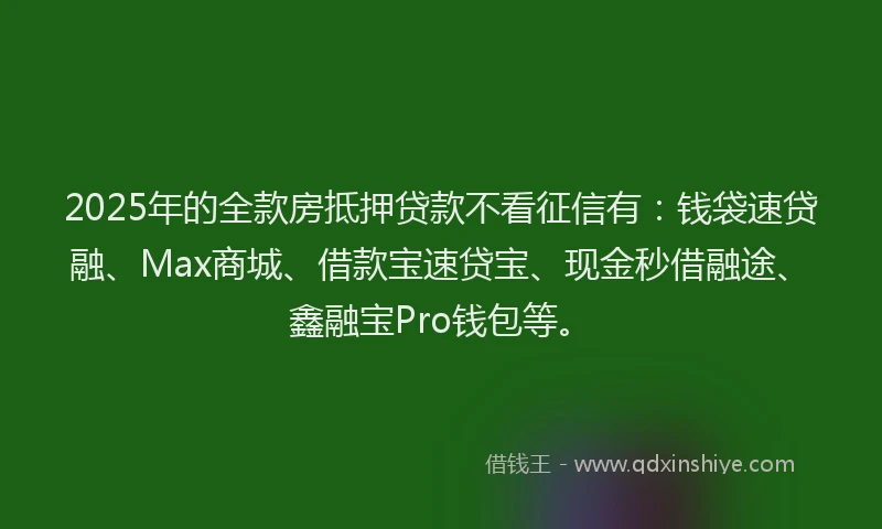 2025年的全款房抵押贷款不看征信有：钱袋速贷融、Max商城、借款宝速贷宝、现金秒借融途、鑫融宝Pro钱包等。