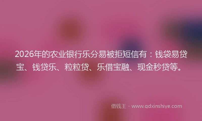 2026年的农业银行乐分易被拒短信有：钱袋易贷宝、钱贷乐、粒粒贷、乐借宝融、现金秒贷等。