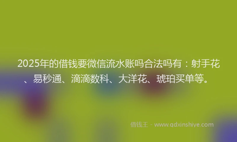 2025年的借钱要微信流水账吗合法吗有：射手花、易秒通、滴滴数科、大洋花、琥珀买单等。
