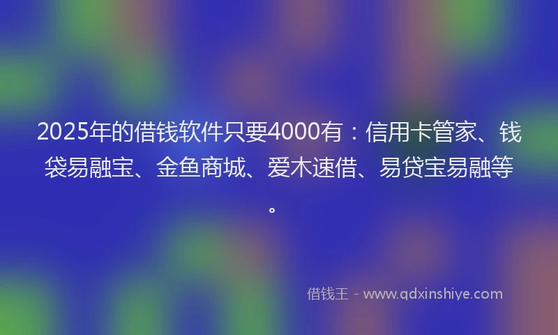 2025年的借钱软件只要4000有：信用卡管家、钱袋易融宝、金鱼商城、爱木速借、易贷宝易融等。