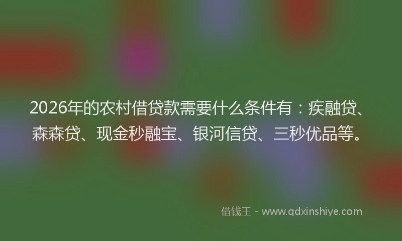 2026年的农村借贷款需要什么条件有：疾融贷、森森贷、现金秒融宝、银河信贷、三秒优品等。